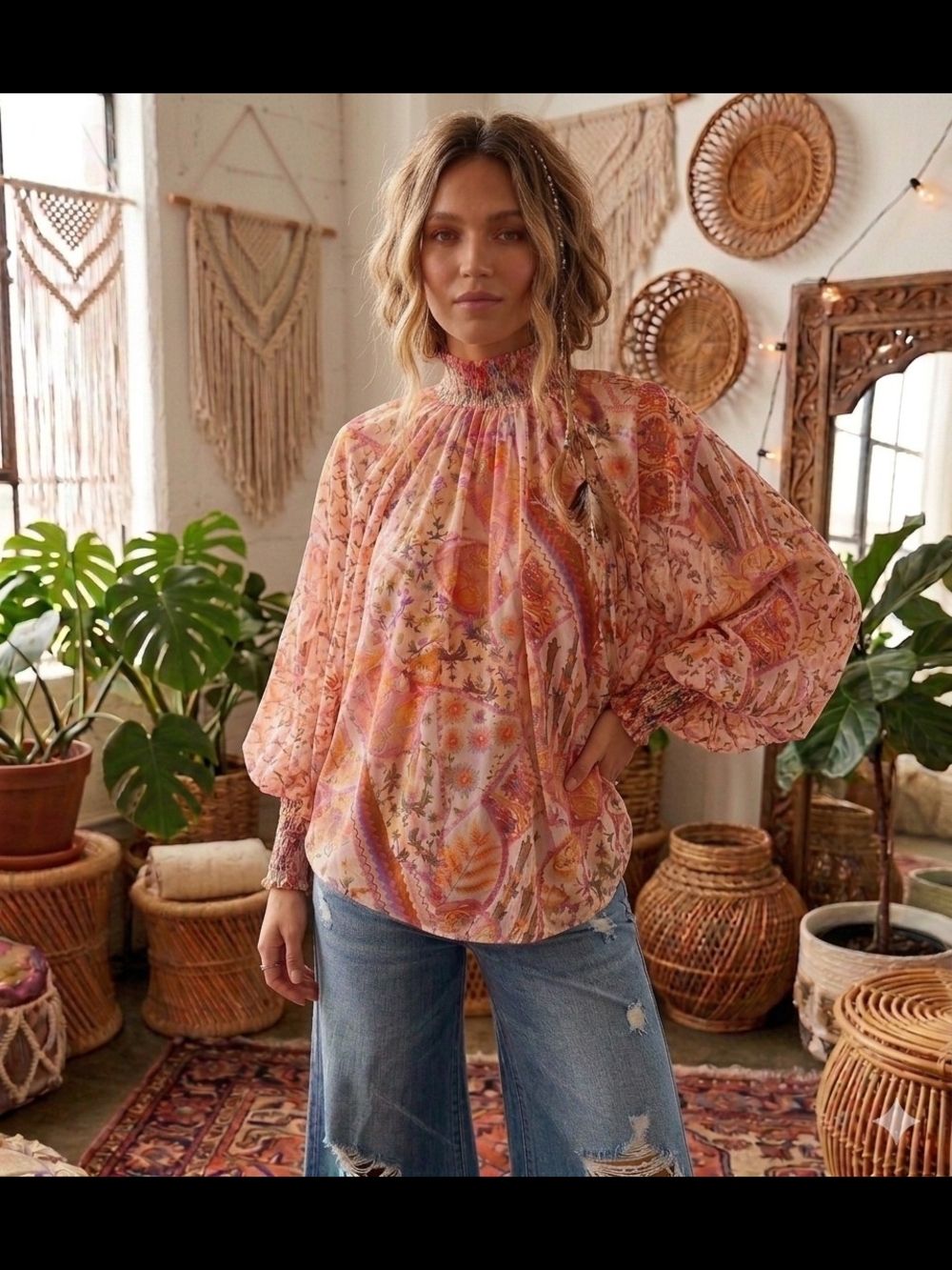 Bohemian Dolman Balloon Sleeve Smocked Neck Sheer Blouse